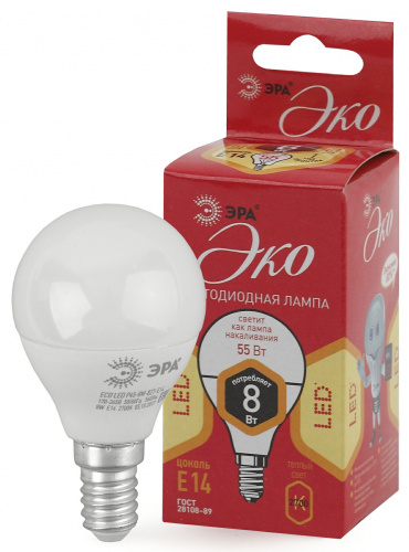 Лампа светодиодная ЭРА RED LINE ECO LED P45-8W-827-E14 E14 / Е14 8Вт шар теплый белый свет (1/100) (Б0030022) фото 5