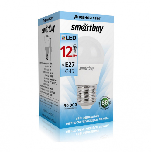 Лампа светодиодная SMARTBUY G45 12Вт 220V 4000K E27 (нейтральный свет) (10/100) (SBL-G45-12-40K-E27)