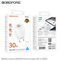 Блок питания сетевой 1 USB, 1 Type-C Borofone BA94A Lustrous, пластик, PD30Вт, QC3.0, кабель Type-C - Type-C, цвет: белый (1/30/120) (6941991120022)