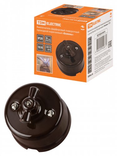 Выключатель фарфоровый поворотный проходной с ручкой (бантик) 10А коричневый «Болонь» TDM (1/72) (SQ1820-0414) Выключатель фарфоровый поворотный проходной с ручкой (бантик) 10А коричневый «Болонь» TDM (1/72) (SQ1820-0414)