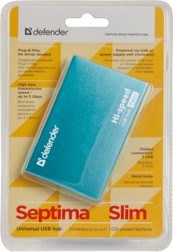 Разветвитель DEFENDER SEPTIMA SLIM 7 портов, USB 2.0(адаптер 2А) (1/50) (83505) фото 9