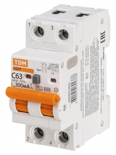 Диф.автомат АД2P 2Р С63 300мА 6кА тип АС TDM (1/48) (SQ0204-0626) фото 7 Диф.автомат АД2P 2Р С63 300мА 6кА тип АС TDM (1/48) (SQ0204-0626) фото 7