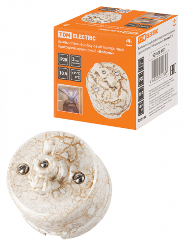 Выключатель фарфоровый поворотный проходной с ручкой (бантик) 10А мраморный «Болонь» TDM (1/72) (SQ1820-0111) Выключатель фарфоровый поворотный проходной с ручкой (бантик) 10А мраморный «Болонь» TDM (1/72) (SQ1820-0111)