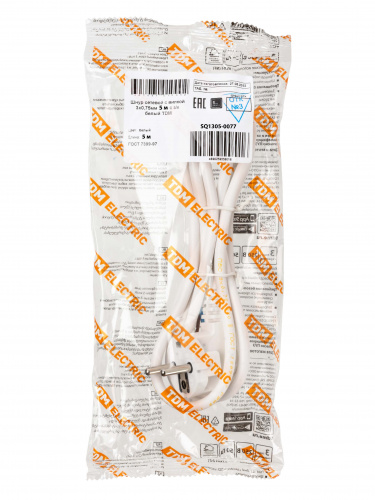 Шнур сетевой с вилкой ПВС 3x0,75мм2 5м с/з белый TDM (1/30) (SQ1305-0077) фото 2
