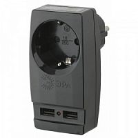 Разветвитель ЭРА SP-1e-USB-B на 1 розетку + 2 USB с заземлением 16А черный (1/10/60) (Б0026333)