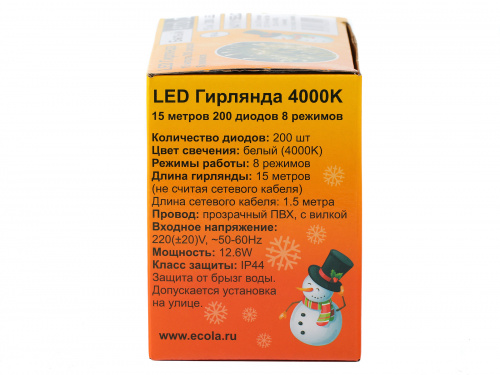 Гирлянда светодиодная ECOLA 220V IP44 Нить 15м 200Led 4000K, 8 режимов, прозр.провод с вилкой (1/30) (N4YV15ELC) фото 8