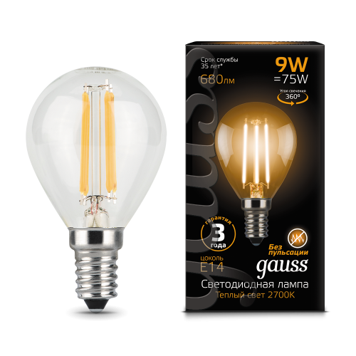 Лампа светодиодная GAUSS Filament Шар 9W 680lm 2700К Е14 1/10/50 (105801109)