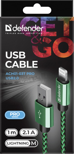 Кабель DEFENDER ACH01-03T PRO USB2.0, зеленый, AM-LightningM, 1m, 2.1A (1/100) (87810) фото 9