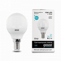 Лампа светодиодная GAUSS Elementary Шар 10W 730lm 4100K Е14 1/10/100 (53120)