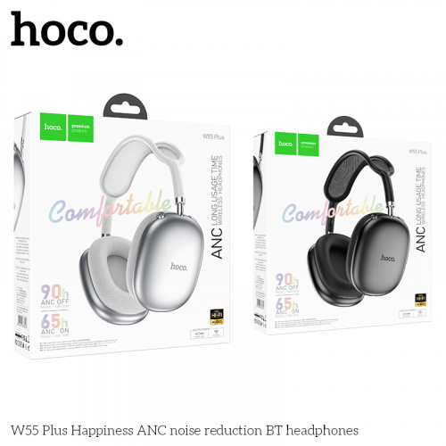 Наушники полноразмерные HOCO W55 Plus Happiness, bluetooth 5.4, AUX, 800mAh, цвет: серый (1/40) (6942007638531)