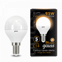 Лампа светодиодная GAUSS Шар 9.5W 890lm 3000K E14 1/10/100 (105101110)