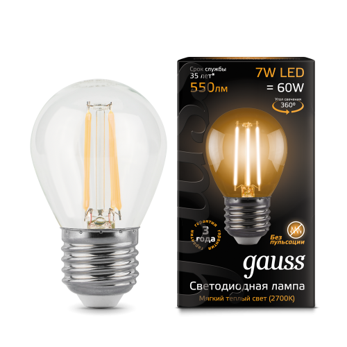 Лампа светодиодная GAUSS Filament Шар 7W 550lm 2700К Е27 1/10/50 (105802107)