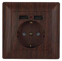 Розетка INTRO P+E Schuko со шторками, 16А-250В + 2хUSB, СУ, Solo, венге (10/100/2500) 4-410-10