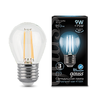 Лампа светодиодная GAUSS Filament Шар 9W 710lm 4100К Е27 1/10/50 (105802209)