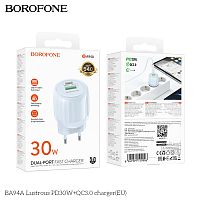 Блок питания сетевой 1 USB, 1 Type-C Borofone BA94A Lustrous, пластик, PD30Вт, QC3.0, цвет: синий (1/30/120) (6941991119996)