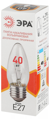 Лампа ЭРА накаливания B36 40Вт Е27 / E27 230В свечка прозрачная (1/100) (Б0066505) фото 3