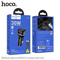 Блок питания автомобильный 1 Type-C HOCO Z58 Rank, 3.0A, пластик, QC3.0, PD30Вт, кабель Type-C - 8 pin, цвет: чёрный (1/11/110) (6942007641432)