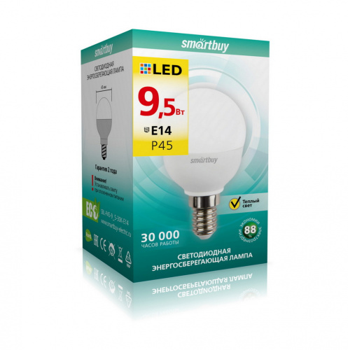 Лампа светодиодная SMARTBUY P45 9,5Вт 220V 3000K E14 (глоб, теплый свет) (10/100) (SBL-P45-9_5-30K-E14)