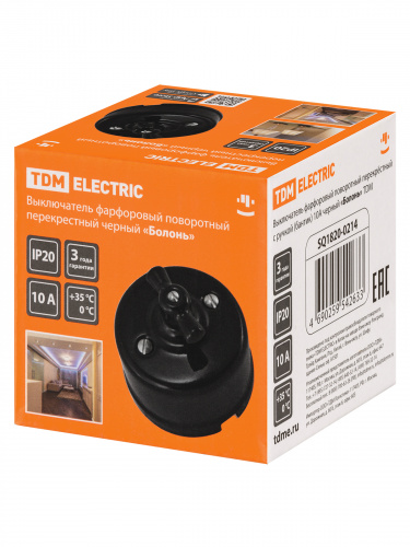 Выключатель фарфоровый поворотный перекрёстный с ручкой (бантик) 10А черный «Болонь» TDM (1/72) (SQ1820-0214) фото 2 Выключатель фарфоровый поворотный перекрёстный с ручкой (бантик) 10А черный «Болонь» TDM (1/72) (SQ1820-0214) фото 2