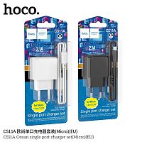 Блок питания сетевой 1 USB HOCO CS11A Ocean, 2.1А, кабель USB - микро USB, цвет: чёрный (1/28/168) (6942007603584)