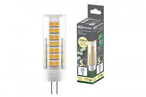 Лампа светодиодная TDM G4-5 Вт-230 В-3000 К, SMD, 16x55 мм (1/20/500) (SQ0340-0216)