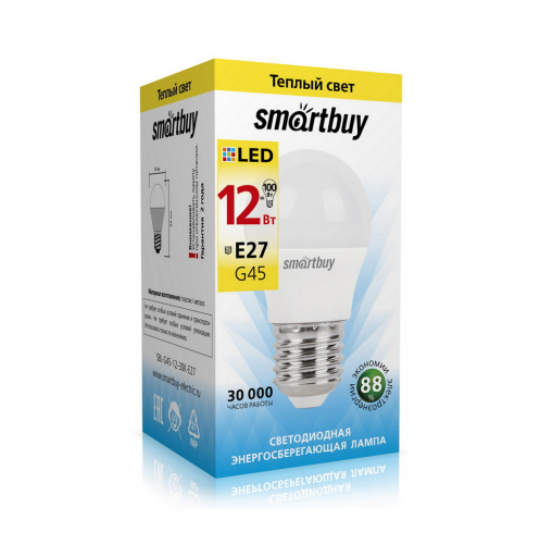Лампа светодиодная SMARTBUY G45 12Вт 220V 3000K E27 (теплый свет) (10/100) (SBL-G45-12-30K-E27)