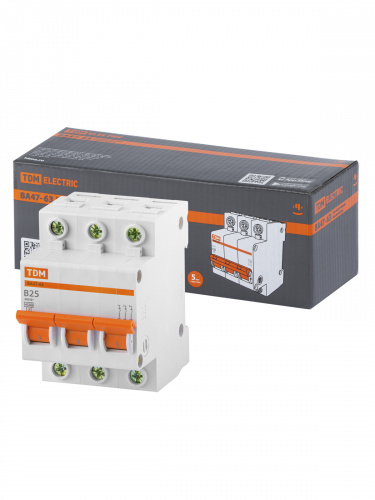 Автоматический выключатель ВА47-63 3Р 25А 4,5кА х-ка B TDM (1/4/40) (SQ0218-0057)
