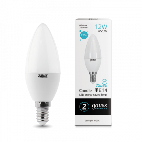 Лампа светодиодная GAUSS Elementary Свеча 12W 920lm 4100K Е14 1/10/100 (33122) Лампа светодиодная GAUSS Elementary Свеча 12W 920lm 4100K Е14 1/10/100 (33122)