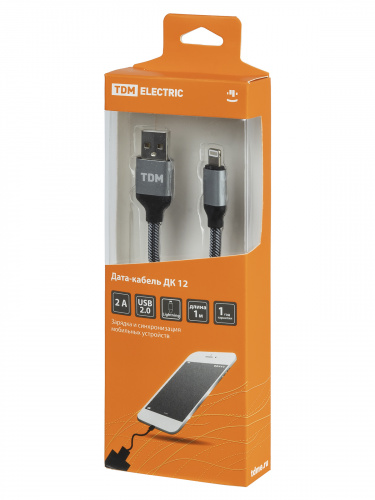 Дата-кабель TDM ДК 12, USB - Lightning, 1 м, тканевая оплетка, серый, (1/200) (SQ1810-0312) фото 2