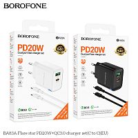 Блок питания сетевой 1 USB, 1 Type-C Borofone BA83A Flare, пластик, PD20Вт, QC3.0, кабель Type-C - Type-C, цвет: чёрный (1/40/160) (6941991117374)