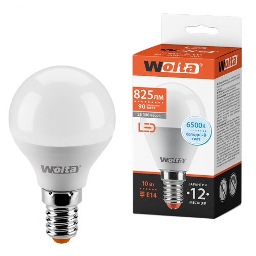 Лампа светодиодная WOLTA Шар G45 10Вт 6500К 900лм Е14 1/50 (25W45GL10E14)