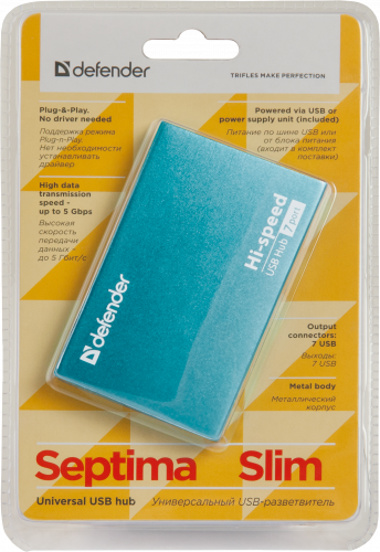 Разветвитель DEFENDER SEPTIMA SLIM 7 портов, USB 2.0(адаптер 2А) (1/50) (83505) фото 8