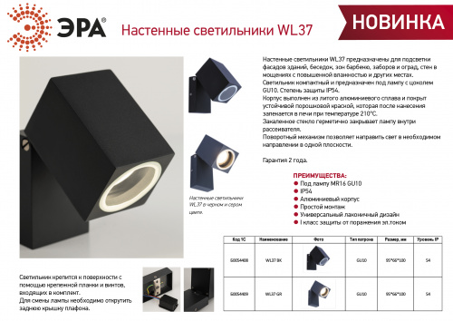 Светильник ЭРА WL37 GR декоративный накладной настенный под лампу GU10, наклонный, IP54, для интерьера, фасадов зданий, серый (1/20) (Б0054409)