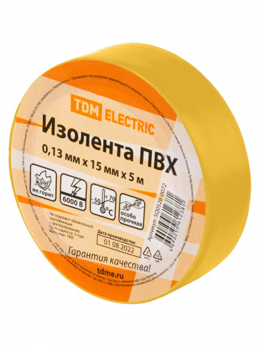 Изолента ПВХ 0,13х15мм Желтая 5м TDM (10/500) (SQ0526-0072) фото 2