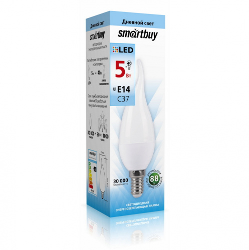 Лампа светодиодная SMARTBUY C37 5Вт 220V 4000K E14 (свеча на ветру, матовая, нейтральный свет) (1/10/ (SBL-C37Tip-05-40K-E14)