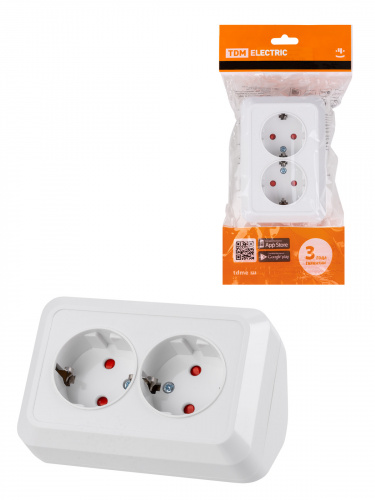 Розетка TDM угловая двойная 2П+З открытой установки с з/ш IP20 250В 16А белая "Ладога" (6/72) (SQ1801-0067)