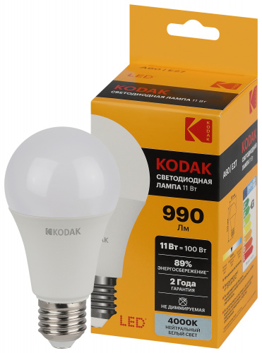 Лампа светодиодная KODAK A60-11W-840-E27 E27 / Е27 11Вт груша нейтральный белый свет (1/100) (Б0057606) фото 3 Лампа светодиодная KODAK A60-11W-840-E27 E27 / Е27 11Вт груша нейтральный белый свет (1/100) (Б0057606) фото 3