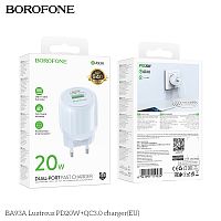 Блок питания сетевой 1 USB, 1 Type-C Borofone BA93A Lustrous, пластик, PD20Вт, QC3.0, цвет: синий (1/30/120) (6941991119934)