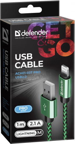 Кабель DEFENDER ACH01-03T PRO USB2.0, зеленый, AM-LightningM, 1m, 2.1A (1/100) (87810) фото 7