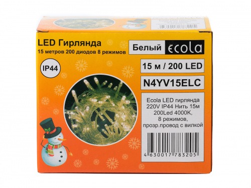 Гирлянда светодиодная ECOLA 220V IP44 Нить 15м 200Led 4000K, 8 режимов, прозр.провод с вилкой (1/30) (N4YV15ELC) фото 6