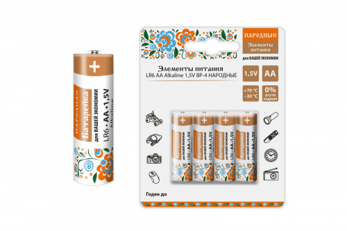 Элемент питания Народный LR6 AA Alkaline 1,5V BP-4  (4/96/576) (SQ1702-0007)