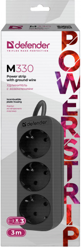 Удлинитель DEFENDER M330, 3 розетки, ПВС 3*1,0 мм2, мощность 2200 Вт, ток 10А, с/з, черный, 3,0 м (1/45) (99322) фото 10