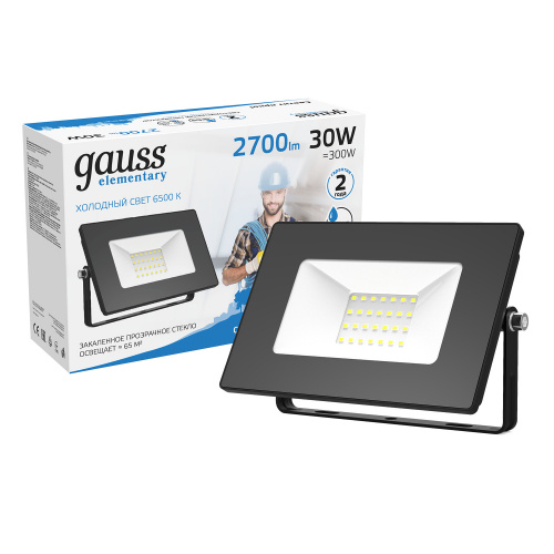 Прожектор светодиодный GAUSS Elementary 30W 2700lm IP65 6500К G2 черный (1/48) (613100330) фото 5