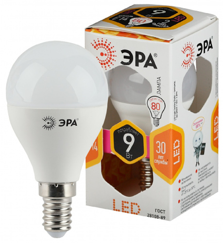 Лампа светодиодная ЭРА STD LED P45-9W-827-E14 E14 / Е14 9Вт шар теплый белый свет (1/100) (Б0029041) фото 6