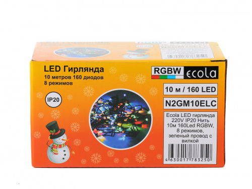 Гирлянда светодиодная ECOLA 220V IP20 Нить 10м 160Led RGBW, 8 режимов, зеленый провод с вилкой (1/30) (N2GM10ELC) фото 5