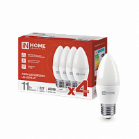 Лампа светодиодная IN HOME СВЕЧА-VC 4PACK 11Вт 230В Е27 4000К 1050Лм (4шт./упак) (1/25) (4690612047812)