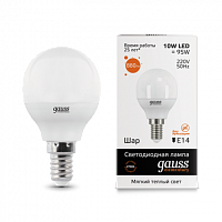 Лампа светодиодная GAUSS Elementary Шар 10W 710lm 3000K Е14 1/10/100 (53110)