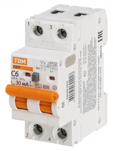 Диф.автомат АД2P 2Р С6 30мА 6кА тип АС TDM (1/48) (SQ0204-0602) фото 7