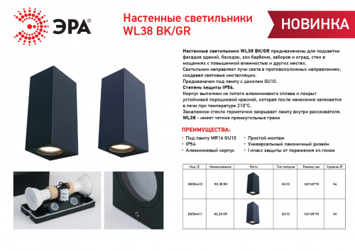 Светильник ЭРА WL38 BK декоративный накладной настенный под лампу 2хGU10 (2 шт), IP54, для интерьера, фасадов зданий, черный (1/20) (Б0054410) фото 9