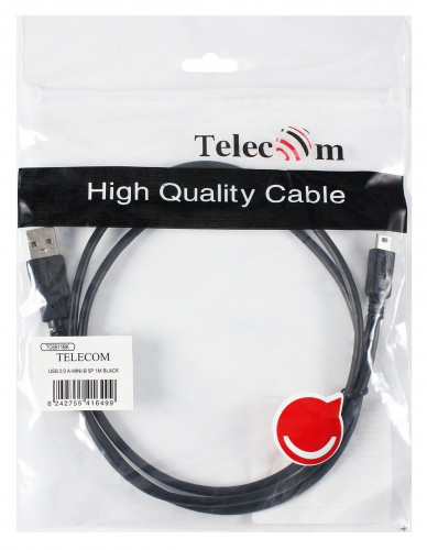 Кабель USB 2.0 A-->mini-B 5P (1м) черный, Telecom<TC6911BK-1.0M> (1/250) фото 3